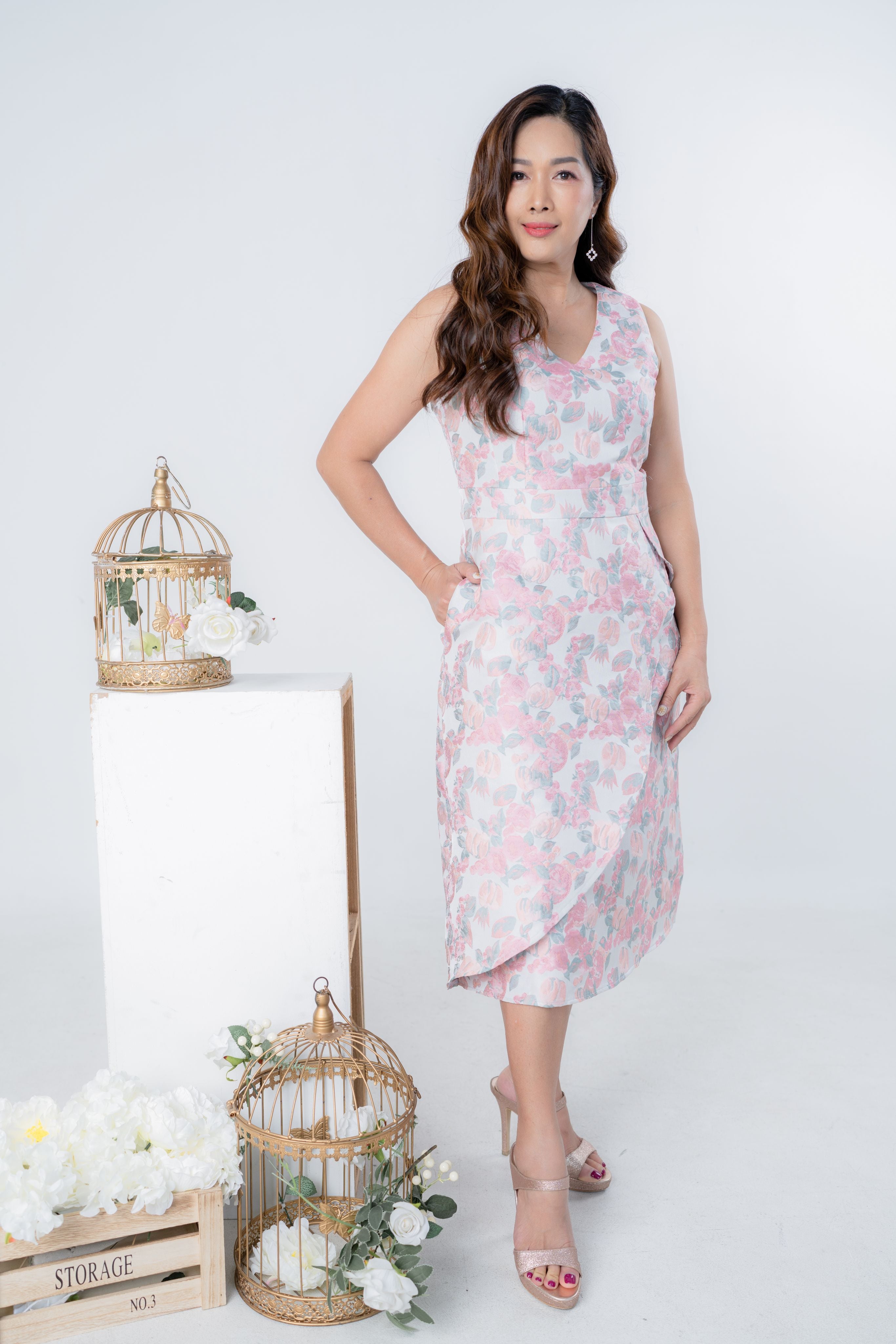 Pastel Flower with Ruffle Overlap Panel Dress