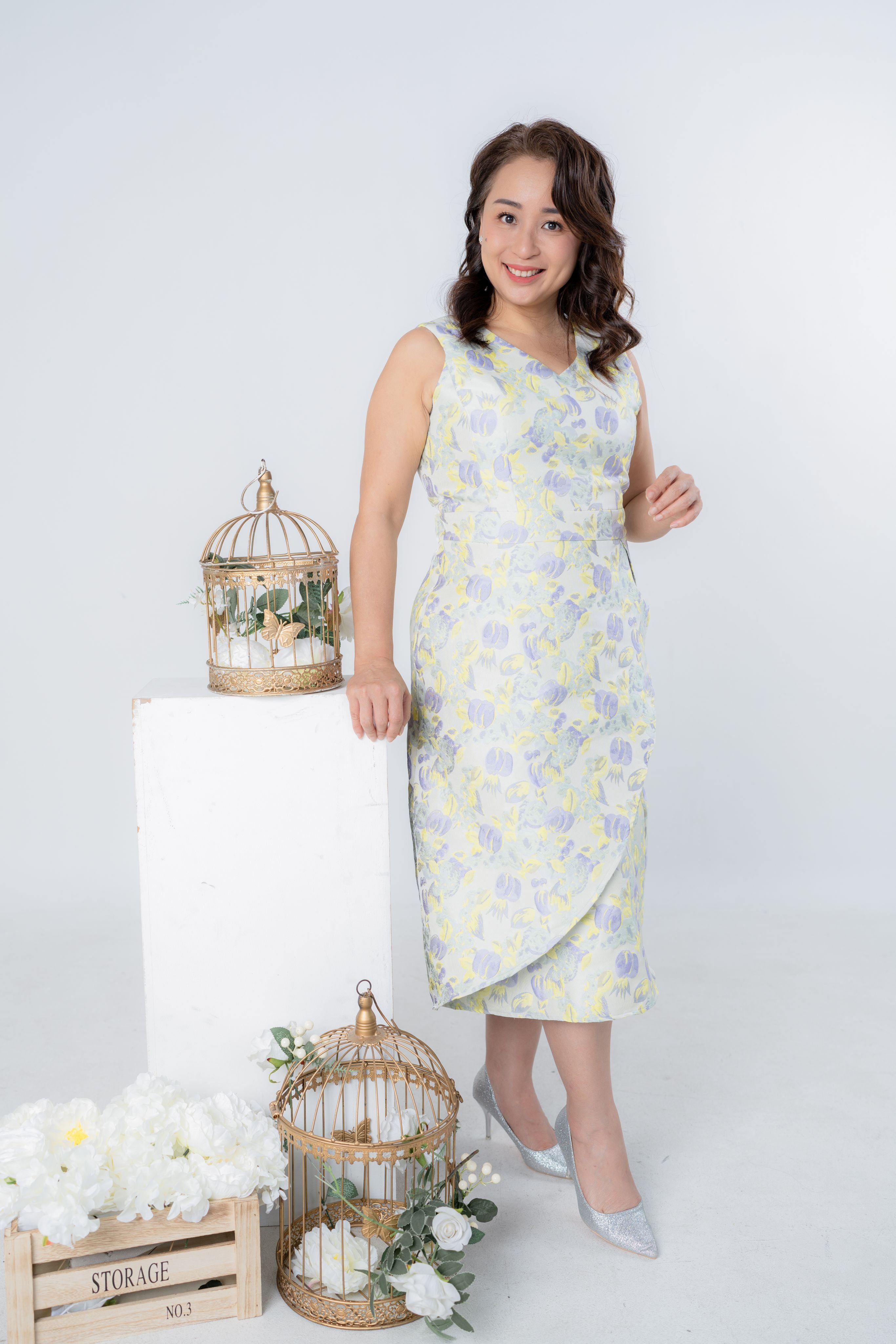 Pastel Flower with Ruffle Overlap Panel Dress