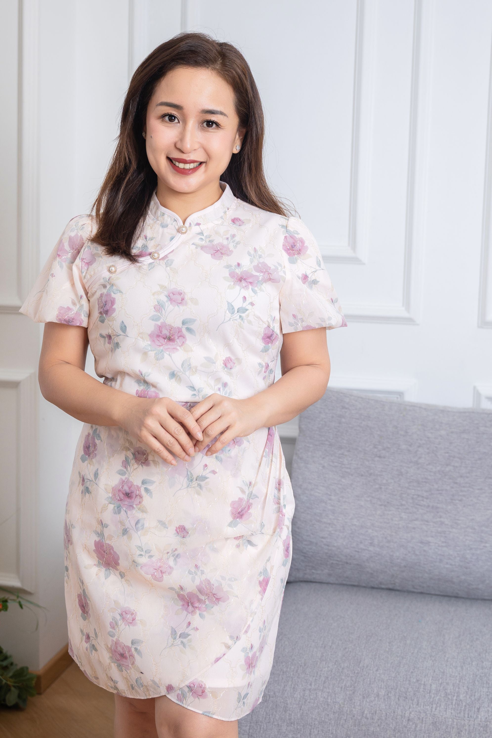 Pink Soft Flower Chiffon Cheongsam Dress