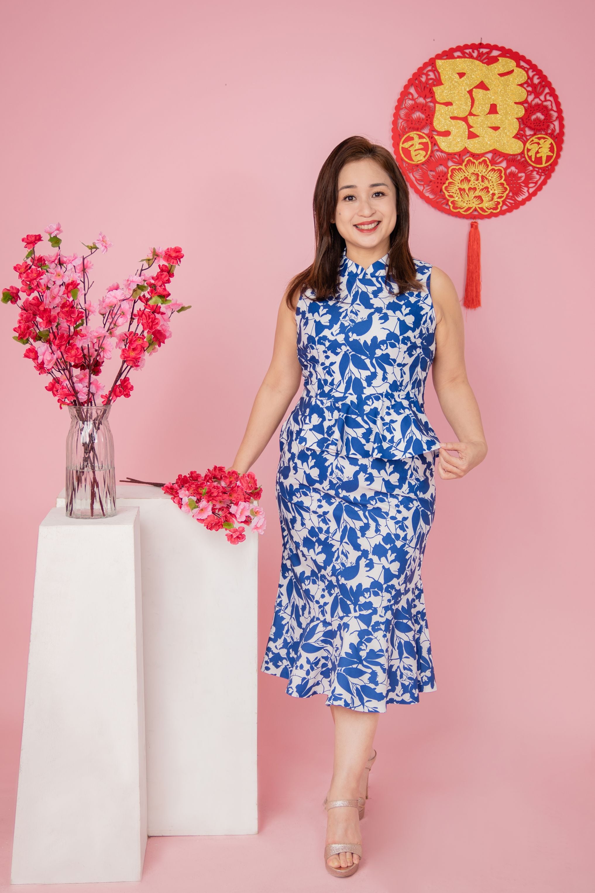 Abstract Flower Silhouette Printed Cheongsam Dress