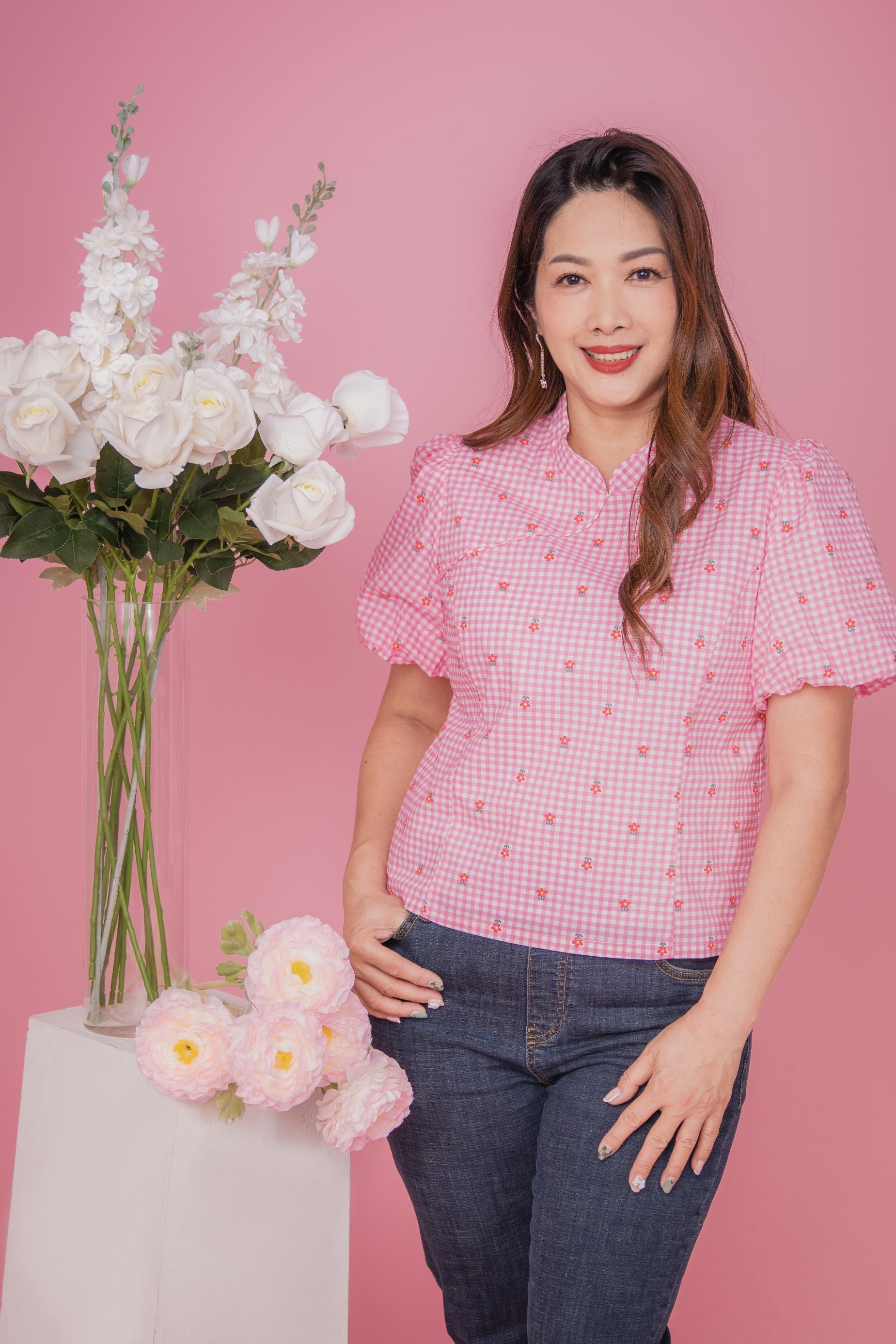 Sweet Flower Checked Blouse