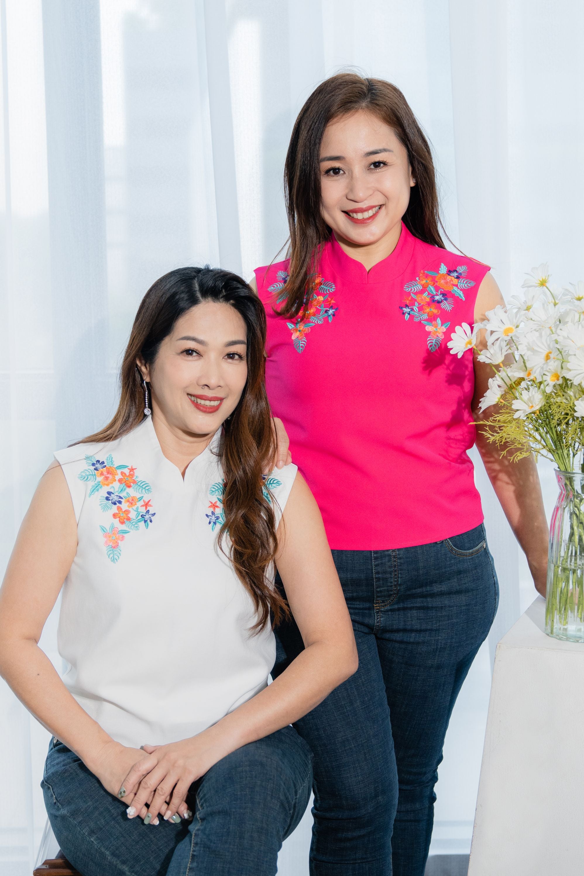 Embroidered Flower Mandarin Collar Top