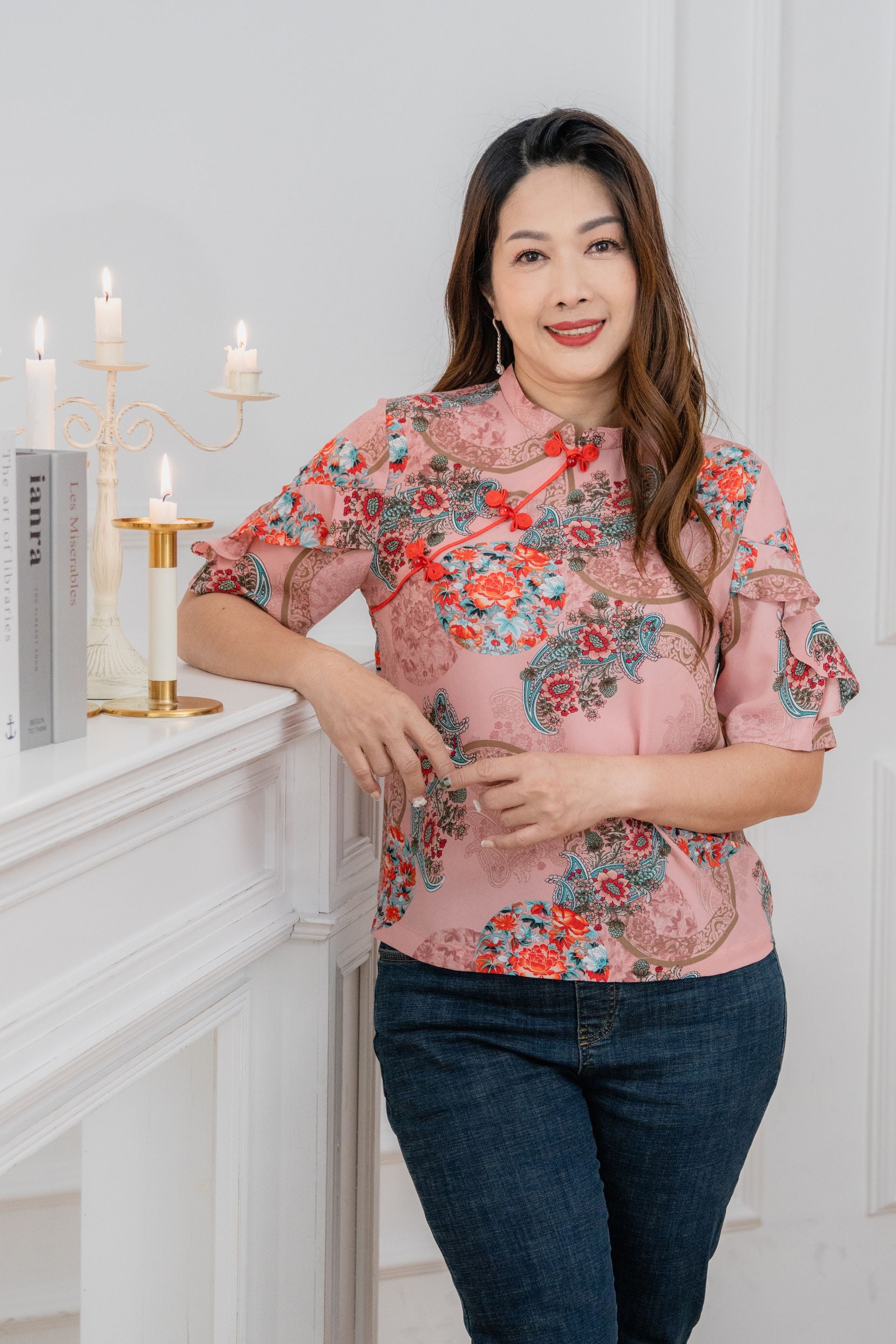 Paisley Flower Ruffle Cheongsam Blouse