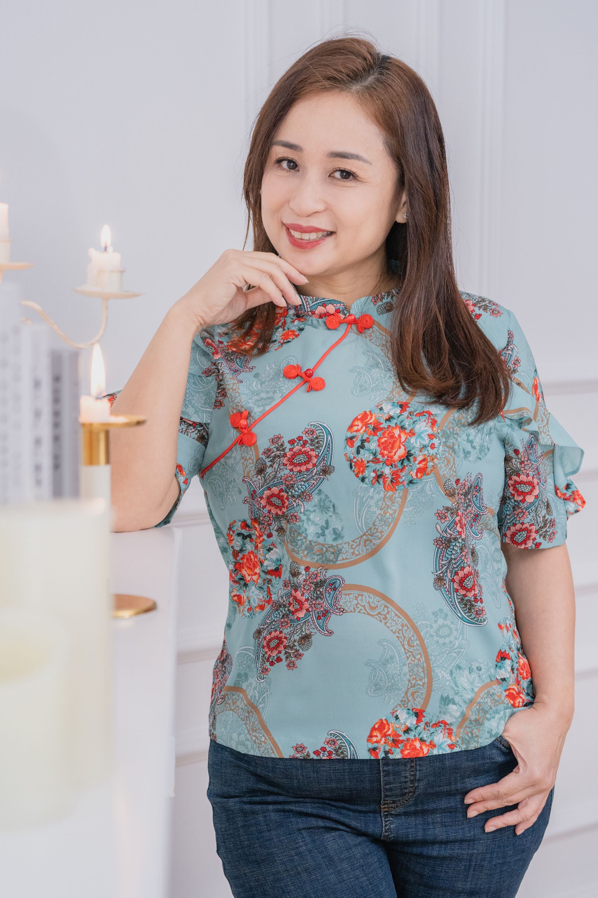 Paisley Flower Ruffle Cheongsam Blouse