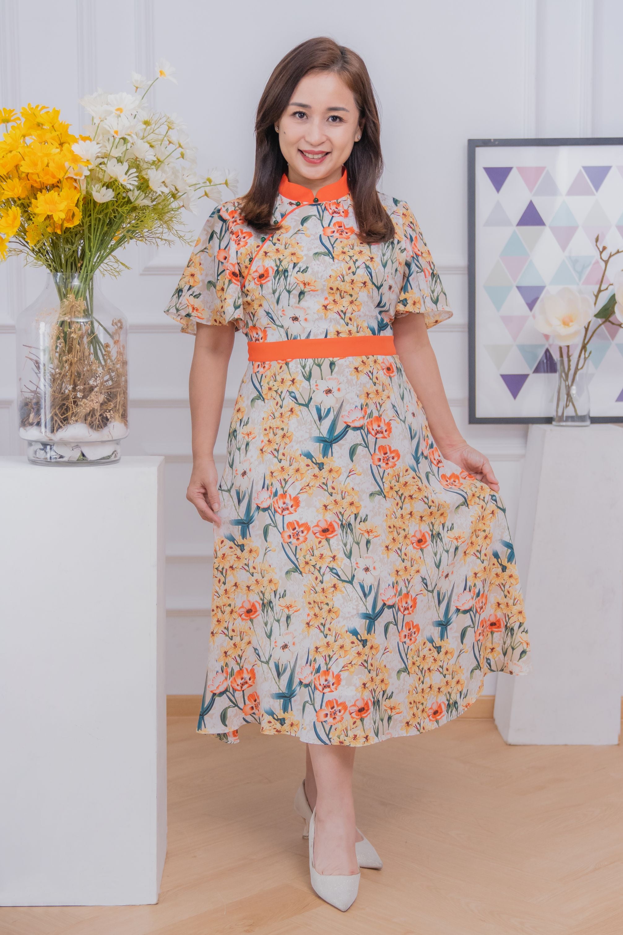 Spring Flower A Line Sleeve Cheongsam Dress