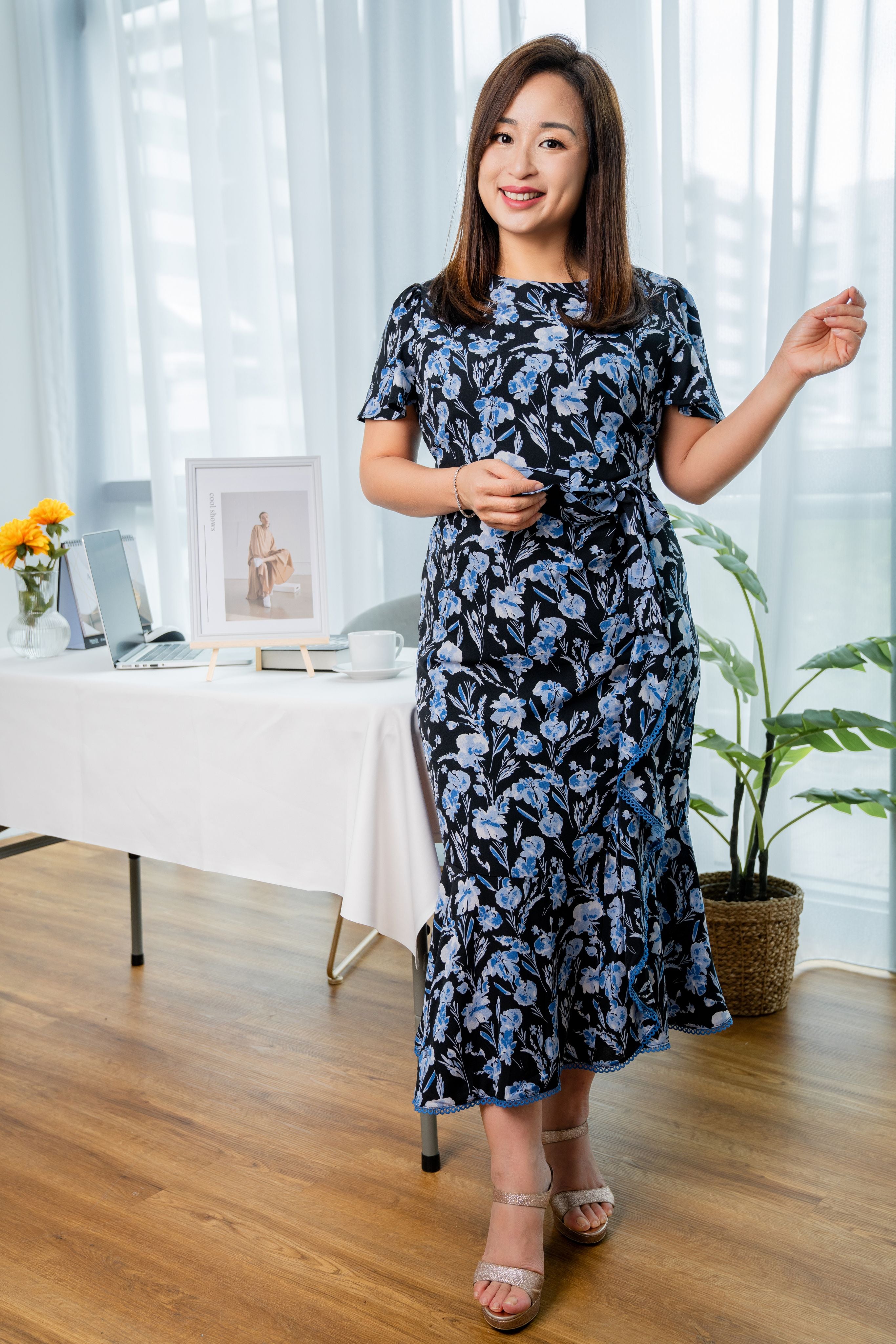 Blue floral detailing Ruffle Hem Dress