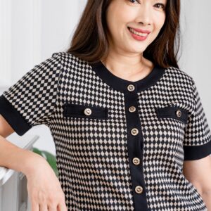 Button Front Houndstooth Pattern Top