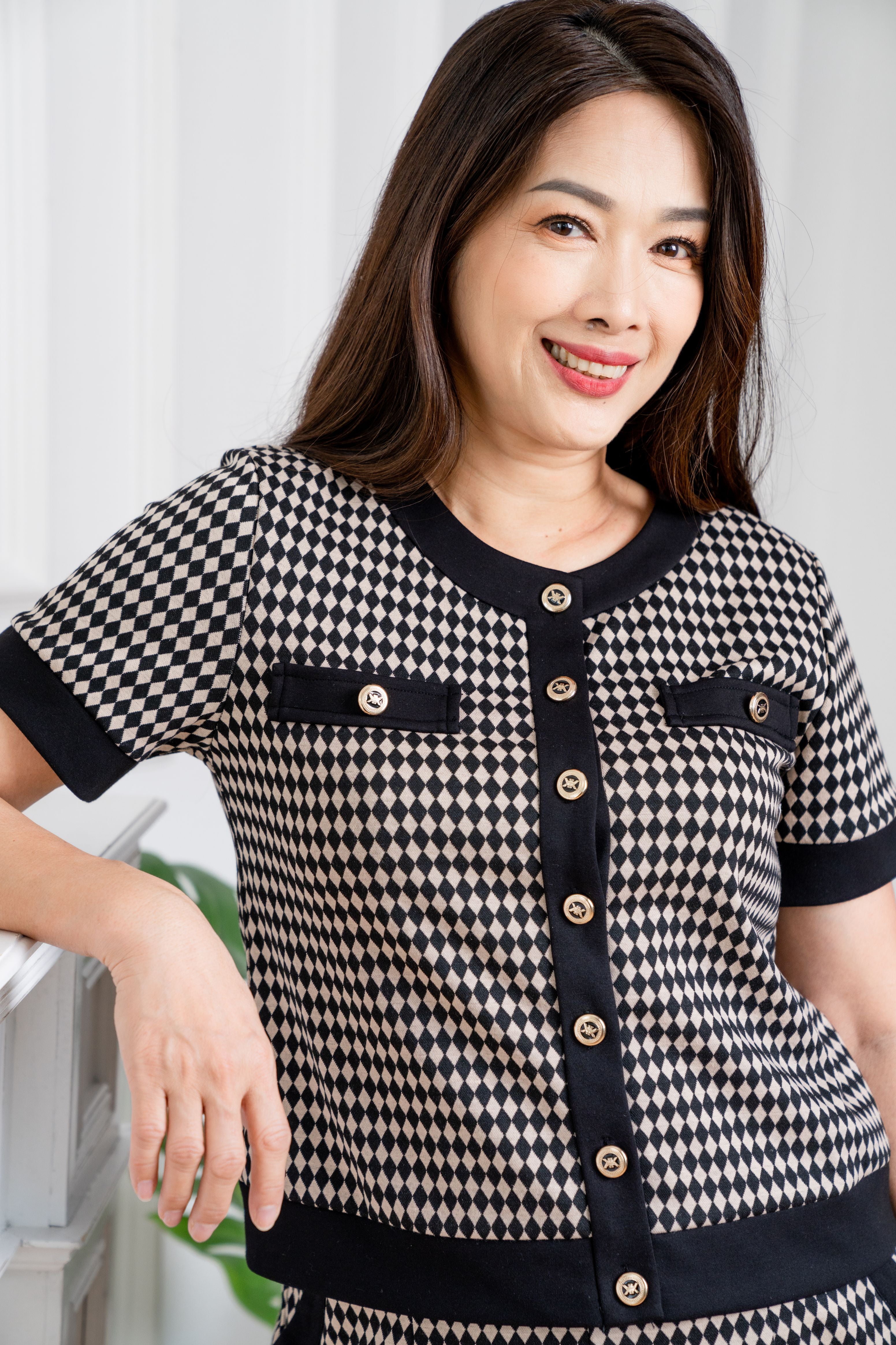 Button Front Houndstooth Pattern Top