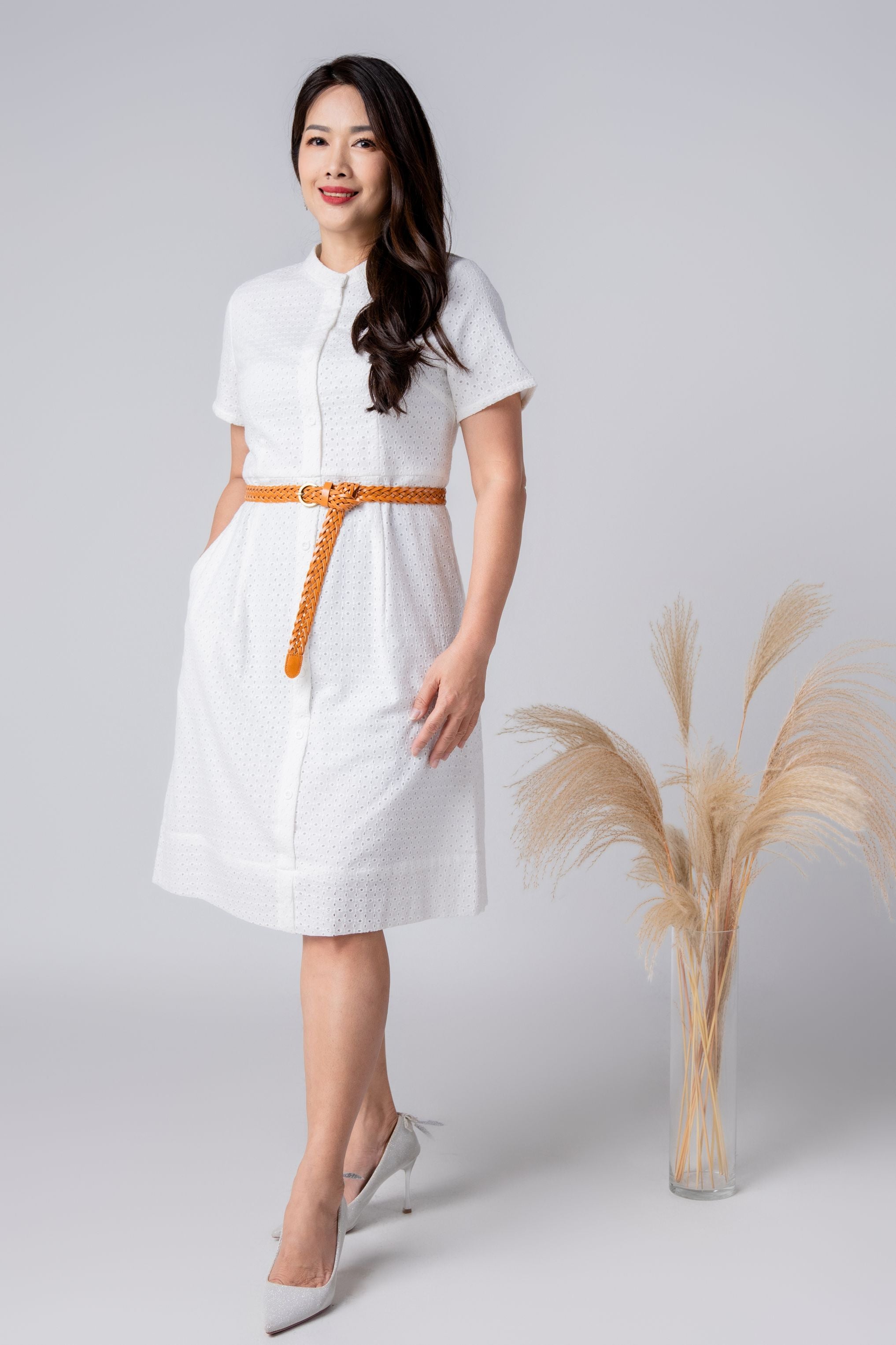 Cotton Eyelet Round Neck Dress With Belt