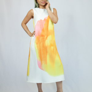 Silkscreen Orange Hibiscus Print Long Dress