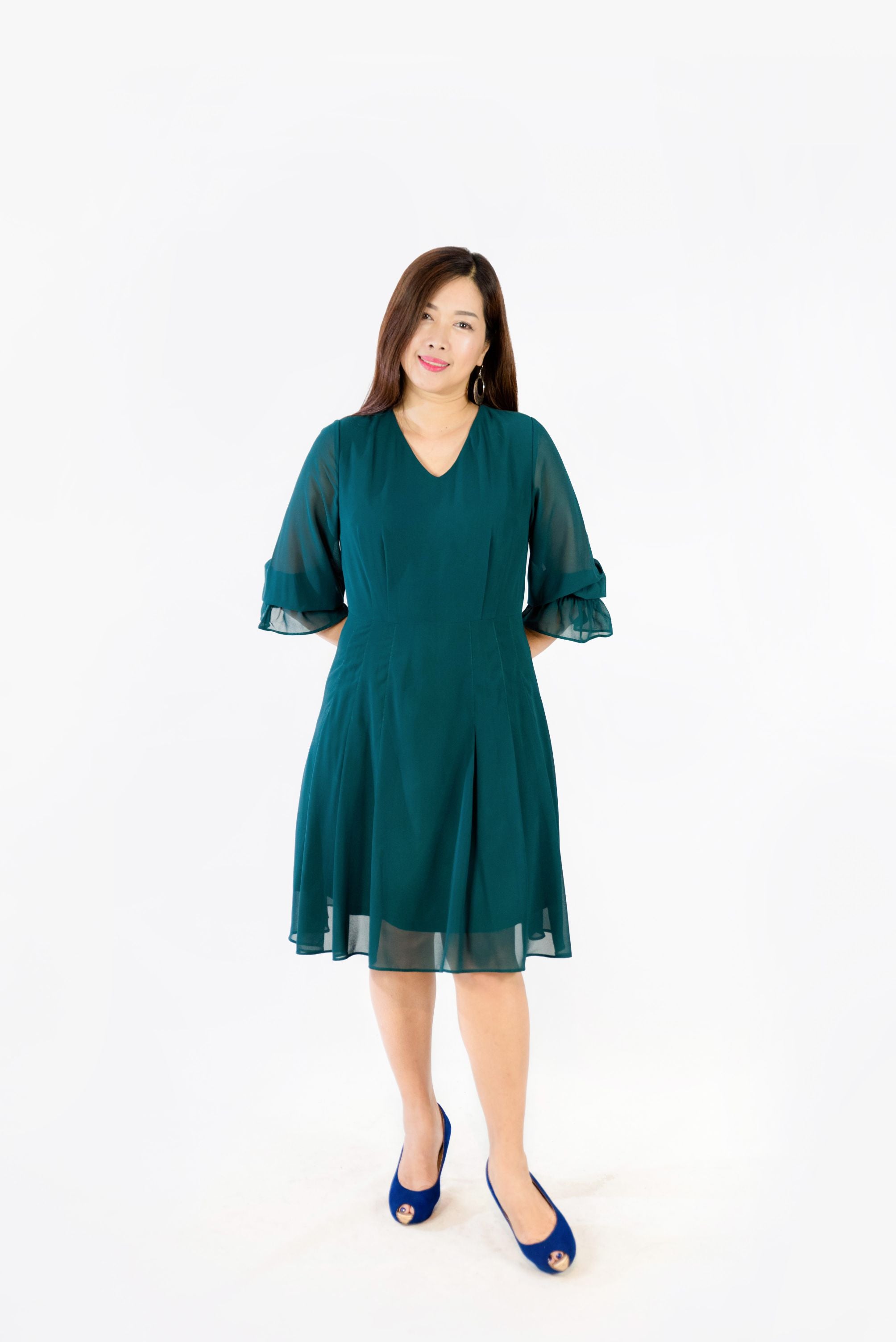 Pleated V-Neck Collar Chiffon Dress